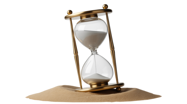 Golden hourglass resting on sand, symbolizing deadlines, time management, and project milestones ending