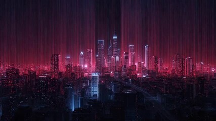 Neon illuminated city skyline at night with glowing vertical light streaks image photo - Powered by Adobe