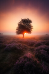 Lonely Tree at Sunrise over Misty Purple Heather Field