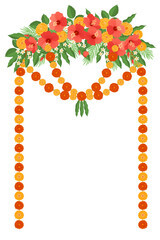 Traditional Indian flower garland with hibiscus, marigold flowers and mango leaves. Decoration for Indian Hindu holidays or weddings.