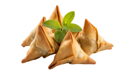 Golden samosas with fresh mint sprig offer a delectable appetizer or snack for parties and gatherings
