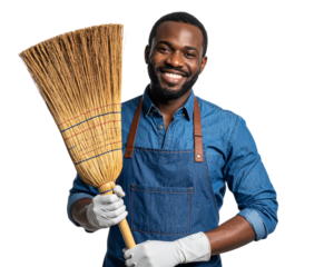 A cheerful African adult cleaner standing front-on, holding a traditional broom uprig g