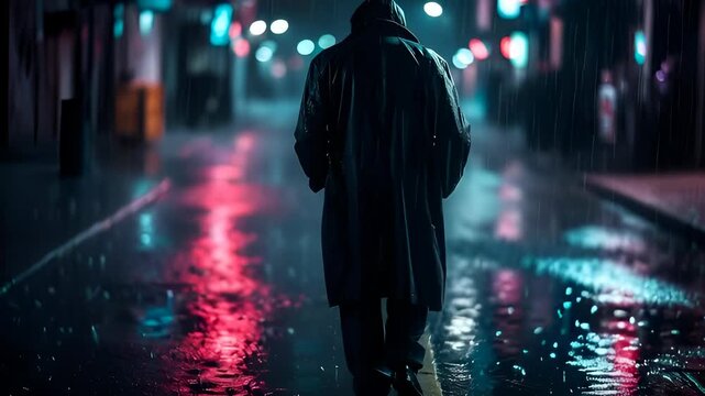 A lonely depressed person in a coat walking away in the heavy rain. Concept of mental health sadness, solitude, noir mystery crime and dramatic urban night, 4K footage. 