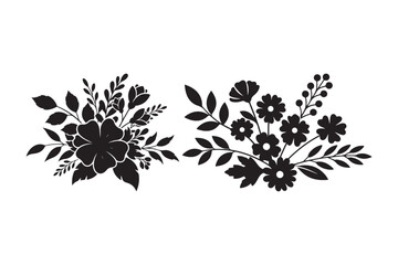 Two black silhouette floral arrangements with leaves and flowers