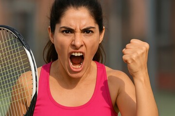 Athlete on an outdoor court shouts in triumph, racket in hand, fist raised. Concept of victory, determination, adrenaline. For sport article or motivation poster