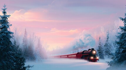 Steam locomotive adventure, Classic red steam engine moving in winter landscape, Oldfashioned train chugging through snowy forest under blue winter
