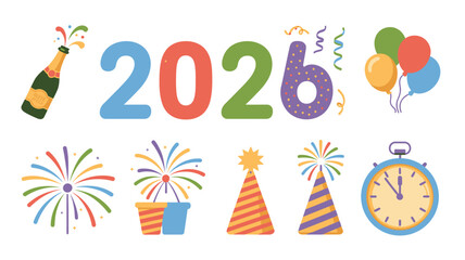 Colorful New Year Celebration Icons 2026 Party Vector Pack on White Background