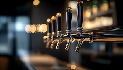Close up of metal beer taps for draft beer on bar counter at restaurant or pub