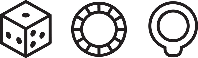 Obraz premium Dice & Mechanical Gear Line Art Icons – Minimal Dice, Bearing & Circular Symbol Set