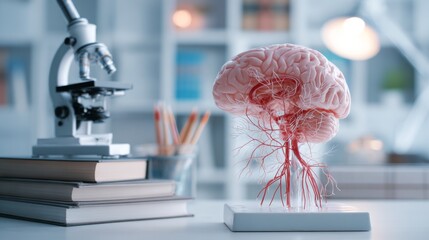 Anatomical Model of Human Brain with Microscopic Equipment in Modern Laboratory Setting for Educational and Scientific Research Purposes