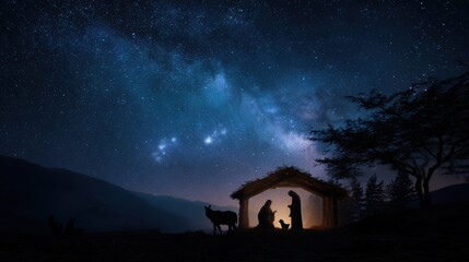 Fototapeta premium Nativity scene, Christian Christmas concept, Birth of Jesus Christ. Family with holy child in barn in dark blue night.