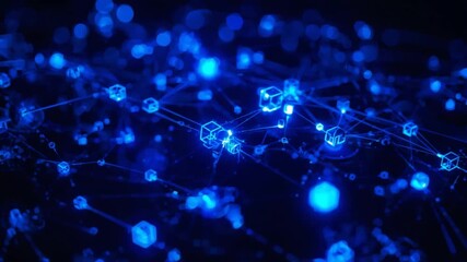 Network of glowing blue cubes connected by lines against a dark background with bokeh effect connection - Powered by Adobe