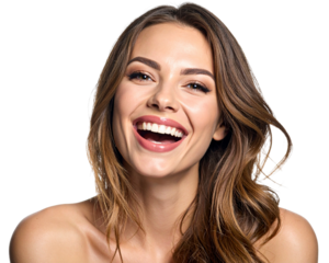 A close-up portrait of a young adult woman laughing joyfully, natural expression with
