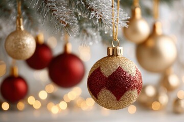 red Christmas balls and fir tree, decorated interior