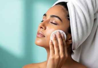 Young woman in white towel cleansing face with cotton pad for refreshing daily self-care and beauty routine, promoting healthy skin.