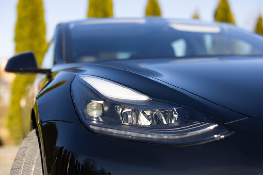 Car Front Full Led Light. Switched on led lights of luxury car. Car Blinker Light. Modern car headlamp flashing light with blinking on continuously indicator