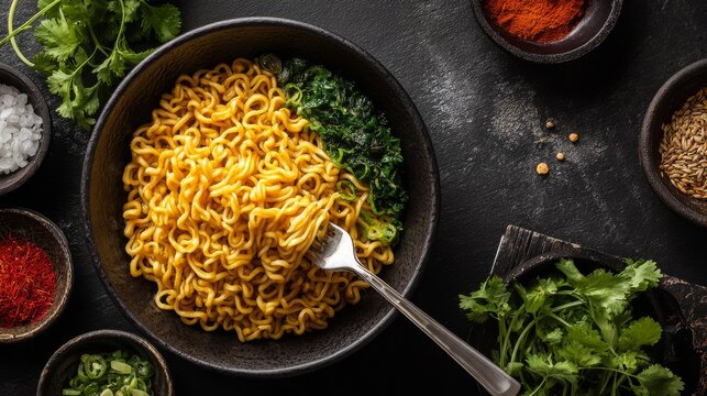 Delicious Instant Noodles Served in a Black Bowl Surrounded by Fresh Herbs and Spices on a Dark Kitchen Countertop