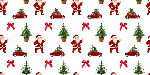 christmas tree xmas vintage seamless pattern bow ribbon red car watercolor hand drawn on transparent background