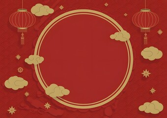 Chinese new year festive background with red color, golden circle frame, hanging lantern, and cloud pattern for celebration greeting card design