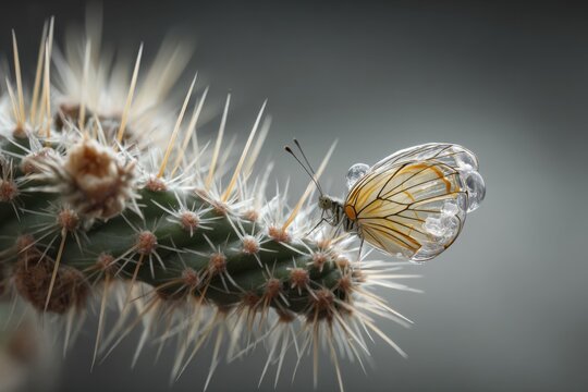 Delicate butterfly resting on thorny cactus
