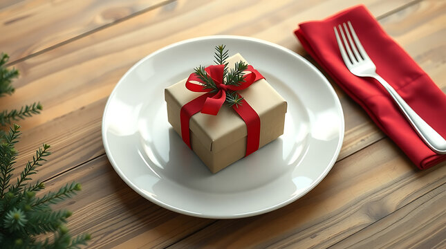 Festive Holiday Gift on Dinner Plate — Elegant Table Setting for Seasonal Celebrations