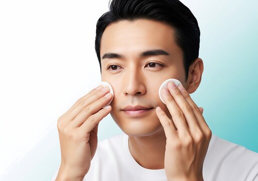 Focused asian man gently cleansing his face with soft cotton pads for healthy skin, highlighting daily skincare and grooming routine.