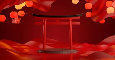 Red japanese torii gate podium display set against a dramatic, wavy red background illuminated by glowing orange lanterns for a festive asian celebration