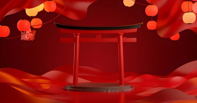 Red japanese torii gate podium display set against a dramatic, wavy red background illuminated by glowing orange lanterns for a festive asian celebration