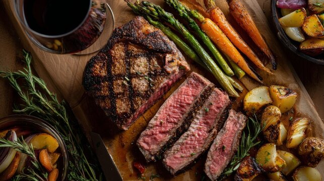 Sliced grilled steak served with vibrant vegetables, grilled asparagus, roasted potatoes, and a glass of red wine on a rustic wooden table setting