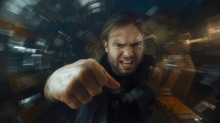 Intense action scene featuring ai product impersonation in a chaotic urban environment close-up perspective