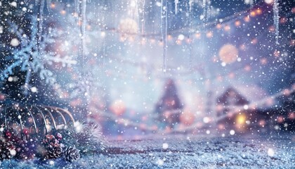 Winter wonderland celebration festive village christmas event snowy atmosphere close-up view magical vibe with twinkling lights and falling snowflakes