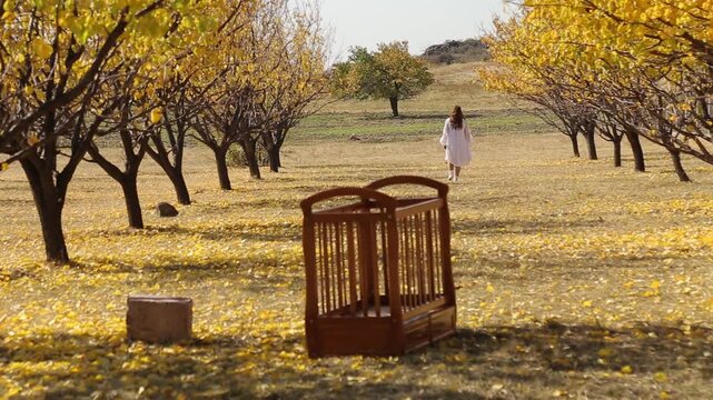 An empty wooden baby crib stands in an autumn orchard while a woman in white walks away into the distance, suggesting themes of loss, growing up, or nostalgia.

