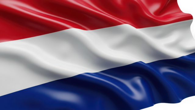 Waving flag of the netherlands with horizontal red white and blue stripe isolated on transparent background