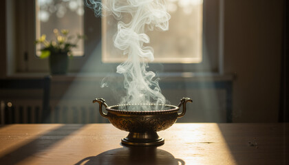 Incense burner emitting smoke with soft shadows in modern style  