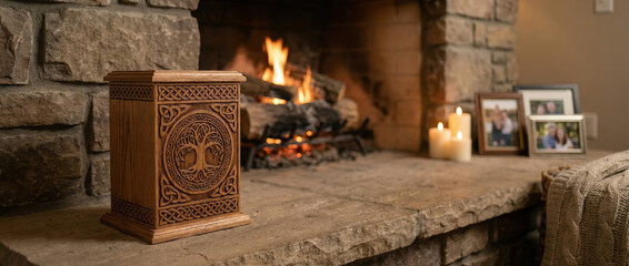 Elegant wooden urn beside a cozy fireplace with candles  