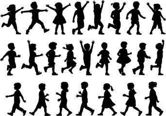 Set of Black Silhouettes Featuring Diverse Happy Children Running, Walking, and Jumping with Hands Raised, Illustrating Active Childhood, Fun, and Movement in a Collection