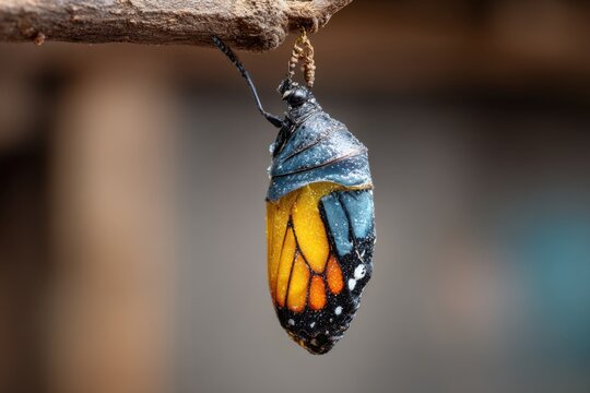 Monarch butterfly chrysalis hanging on branch with water