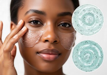 Young african american woman applying hydrating under-eye patches as part of her daily skincare routine, with abstract cosmetic gel texture elements.