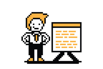 Cartoon cute business man planning research investigation magnifying with chart and graph work office problem 8bit pixel art.