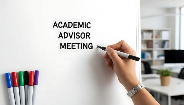 Hand writing academic advisor meeting on whiteboard with markers