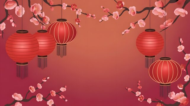 Vibrant red chinese lanterns hanging amidst blooming pink cherry blossom branches against a warm gradient background for lunar new year celebration