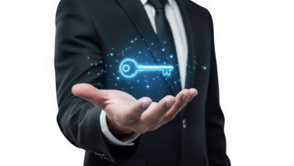 Businessman hand holding glowing digital key isolated on transparent background