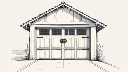 Hand drawn sketch of a rustic wooden garage door with windows