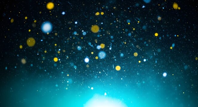 Abstract background of glowing blue and gold bokeh particles against a dark, mysterious backdrop. - Powered by Adobe