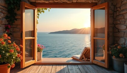 Fototapeta premium Open villa window with sea view at sunset. Deck and stone wall. Chair near flowers in pots. Seascape with mountain island at horizon. Relaxing travel destination vacation scene. Summer time at resort.