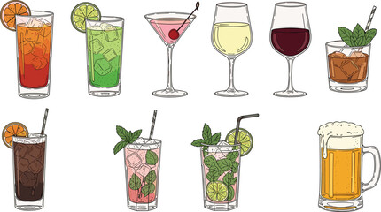Colorful Assortment of Classic Alcoholic and Non-Alcoholic Cocktails, Wine, and Beer Vector Illustration Set; Perfect for Bar Menus, Happy Hour Invitations, and Beverage Design Projects.
