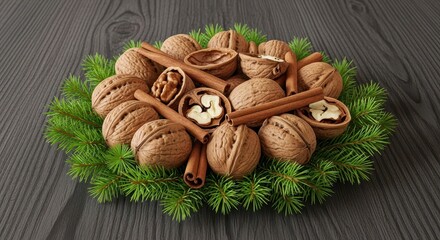 Fototapeta premium Rustic holiday centerpiece featuring whole walnuts, cracked shells, cinnamon sticks, and festive evergreen sprigs arranged tightly on a dark, textured surface, natural, holiday, snack