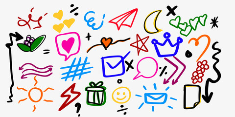Colorful hand-drawn doodle set featuring hearts, arrows, stars, symbols, flowers, icons, and playful elements. Perfect for creative design, decoration, stickers and digital art.

