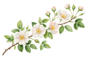 White Rose Branch Watercolor Illustration with Buds and Leaves