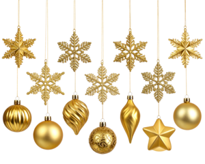 A set of golden Christmas ornaments—including ornate snowflakes, stars, and glossy ba 
